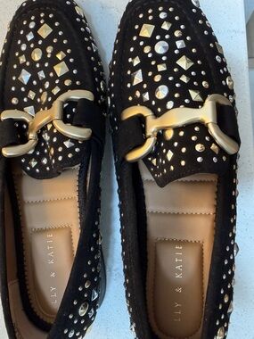 Lily & Katie Black Studded Loafers with Gold Bit